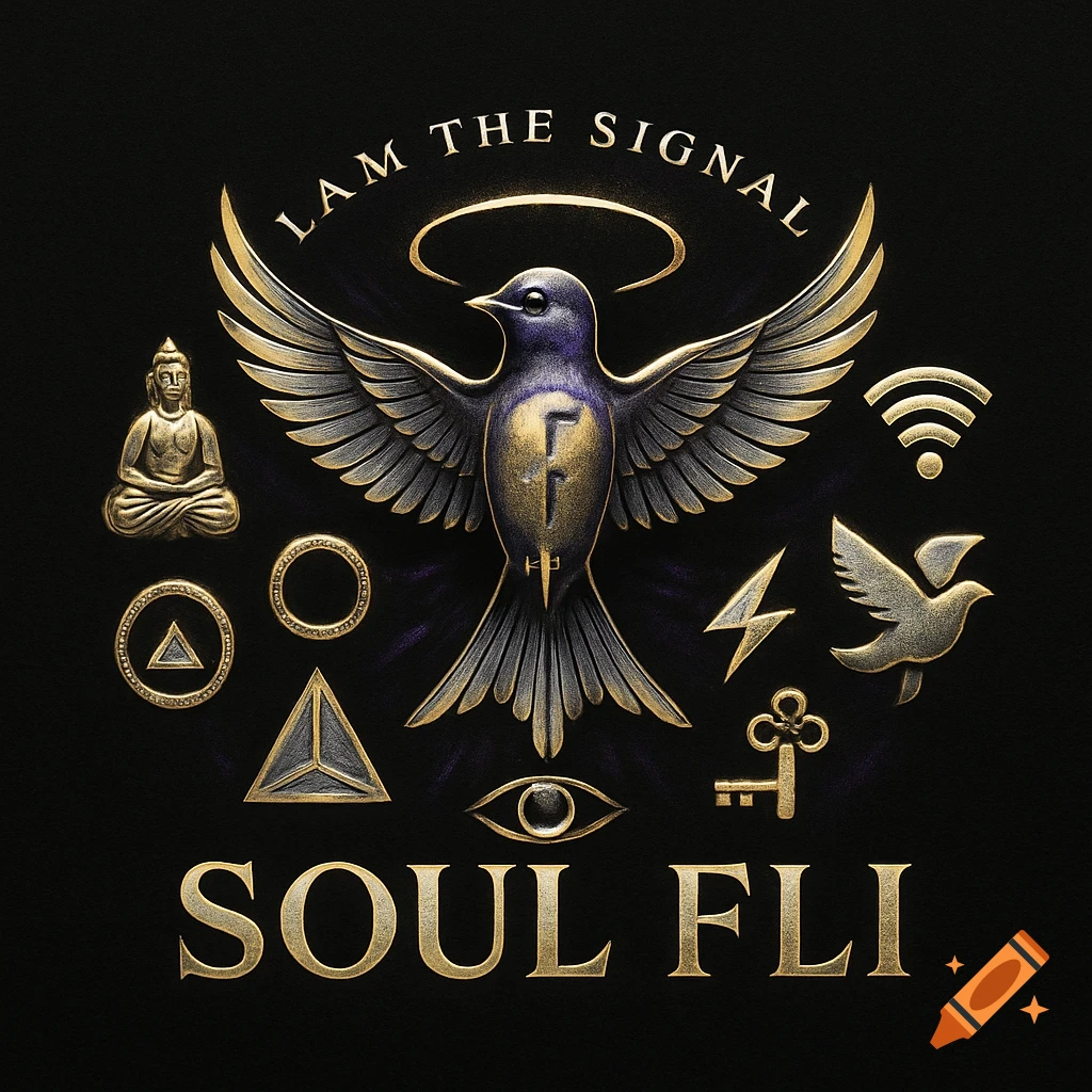 A metallic gold and silver logo on a black background featuring a purple bird with a halo, surrounded by spiritual and modern symbols, with text "I Am the Signal" and "SOUL FLI".