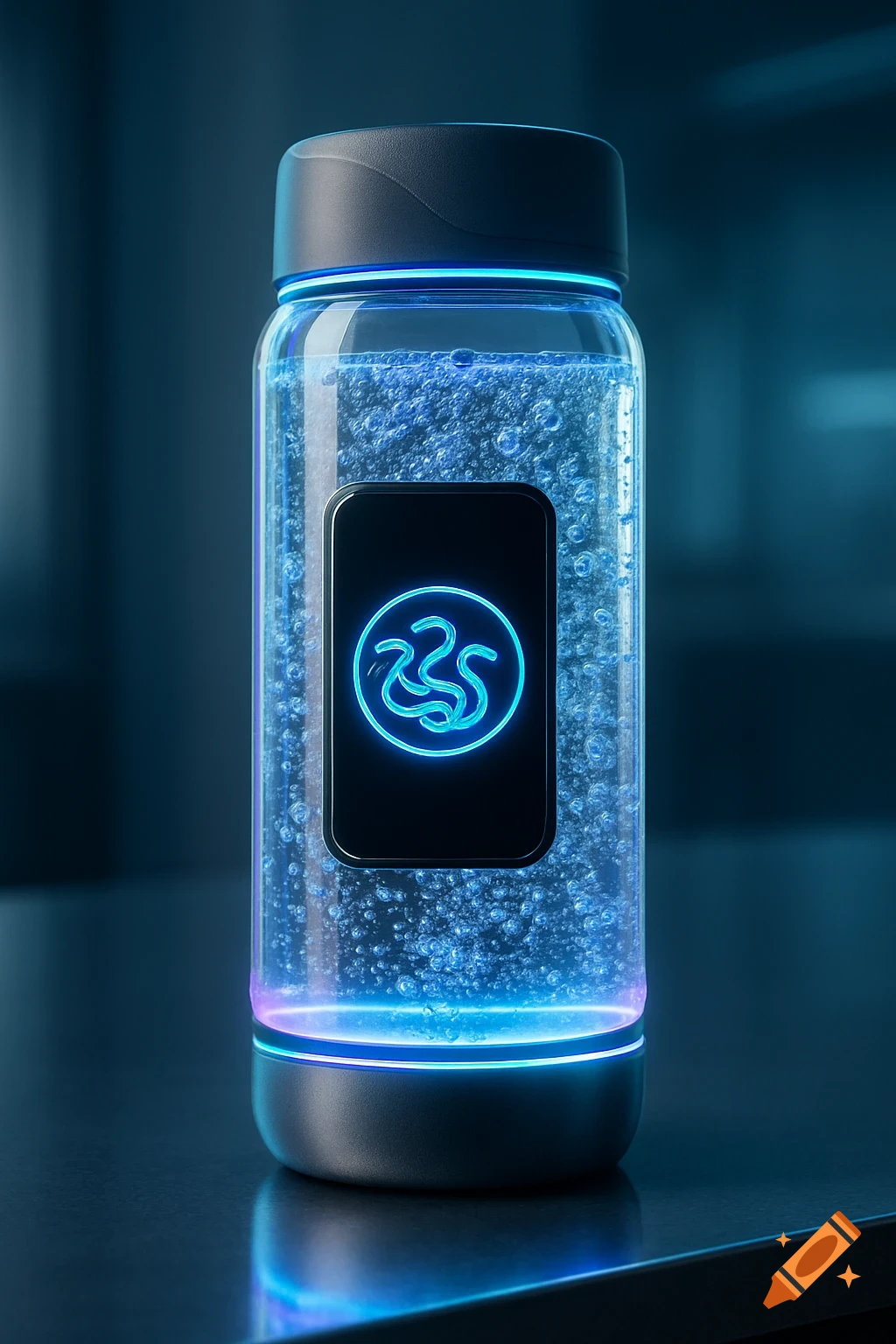 A futuristic water bottle glows with blue neon light, containing bubbly blue liquid and a neon blue abstract logo on its side.