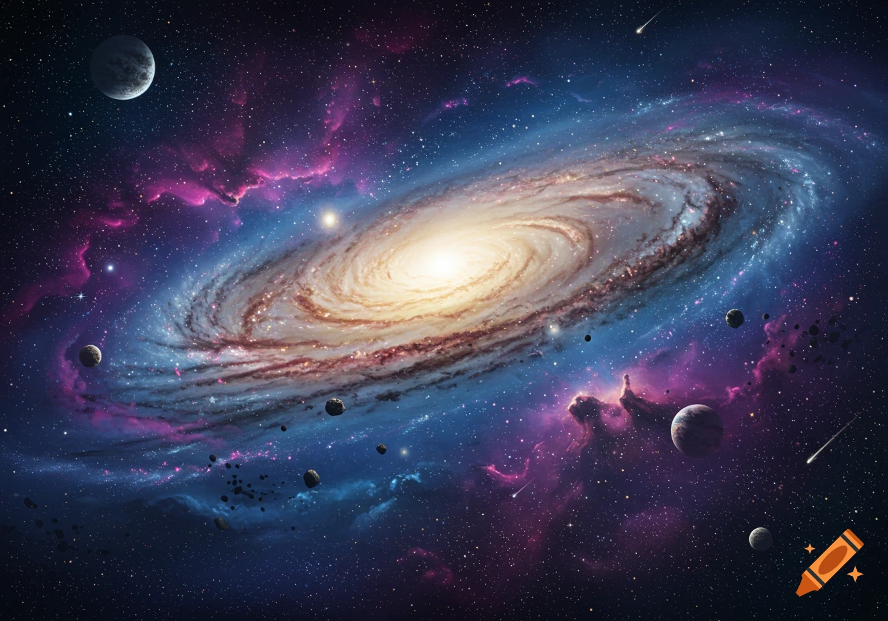 A vibrant spiral galaxy with a bright core, surrounded by stars, planets, and colorful nebulae in deep space.