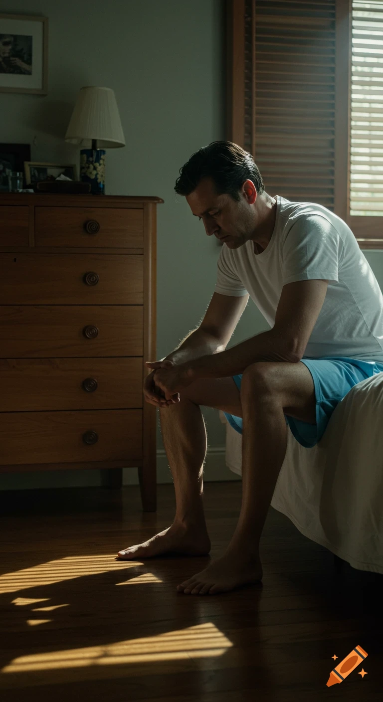A man sits on a bed in a dimly lit room, light filtering through window blinds, in a cinematic, realistic style.