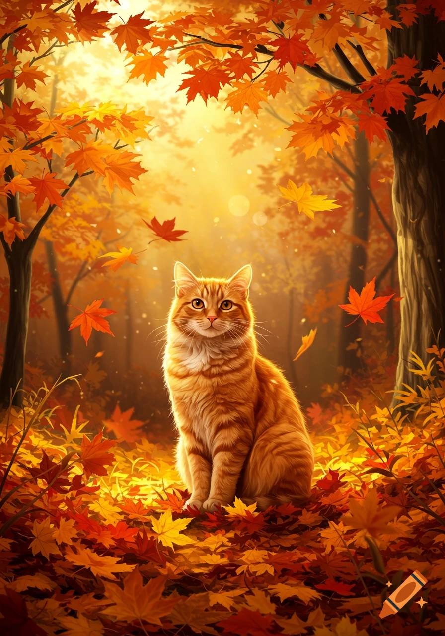 An orange tabby cat sits amidst fallen red and orange autumn leaves in a bright, sun-dappled forest.