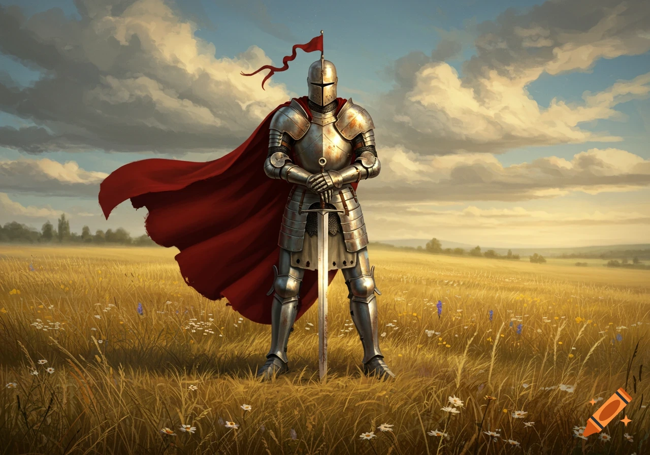 A fully armored knight in a red cape stands in a golden field under a cloudy sky, holding a sword.
