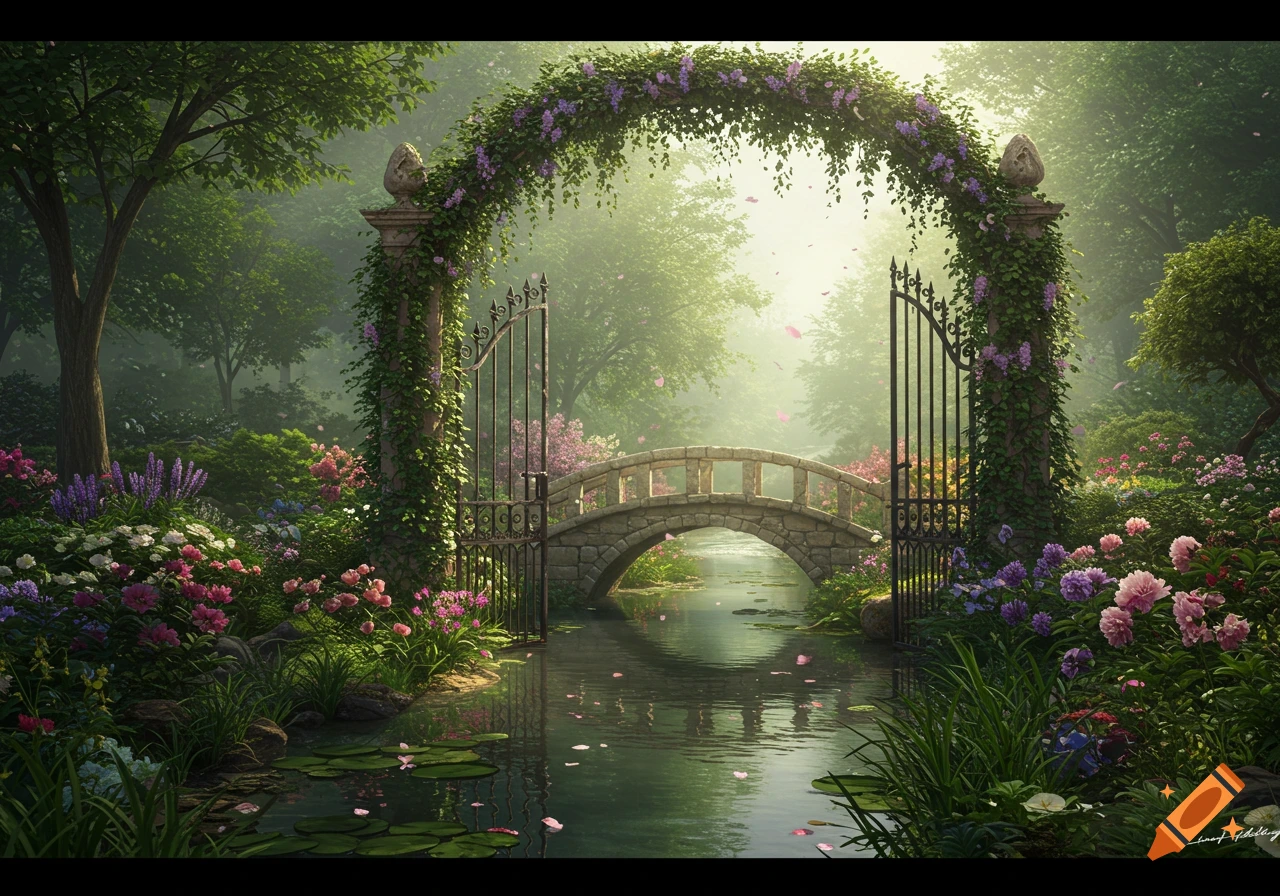A magical secret garden with a vine-covered stone gate, a bridge over a stream, and vibrant flowers under dappled sunlight.