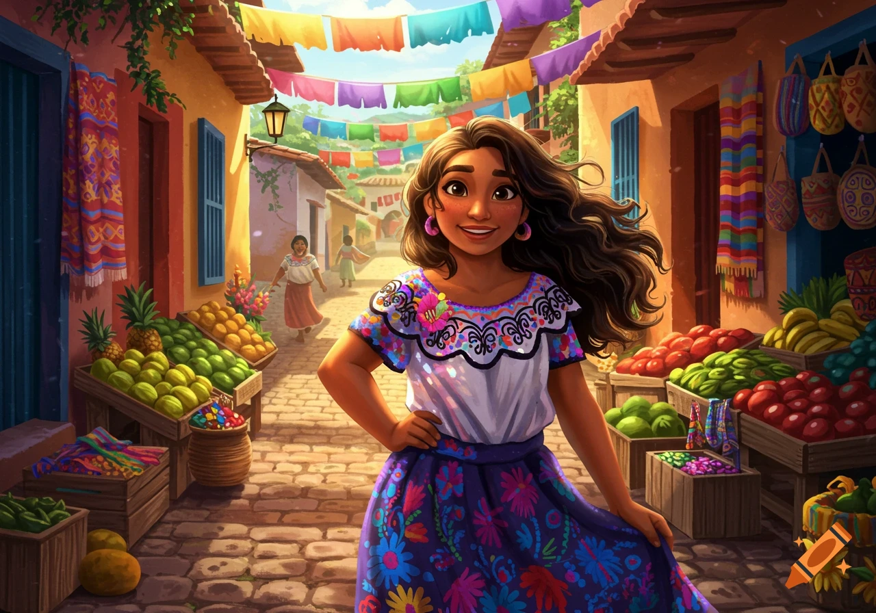 Vibrant illustration of a smiling woman in a colorful embroidered dress standing in a bustling outdoor market with fruit stalls.