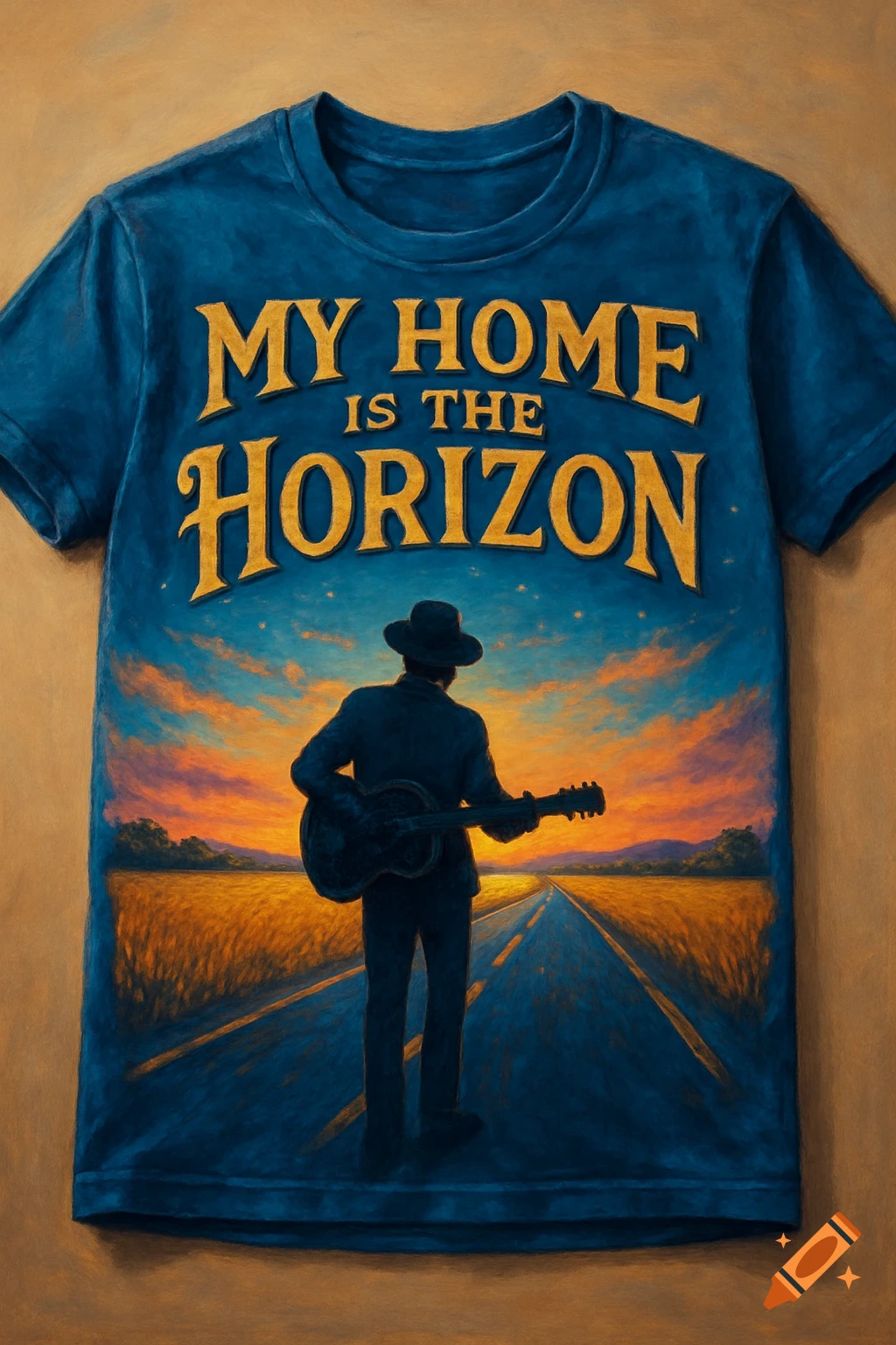 Blue T-shirt with a stylized image of a musician playing guitar on a road at sunset, with 'MY HOME IS THE HORIZON' text.