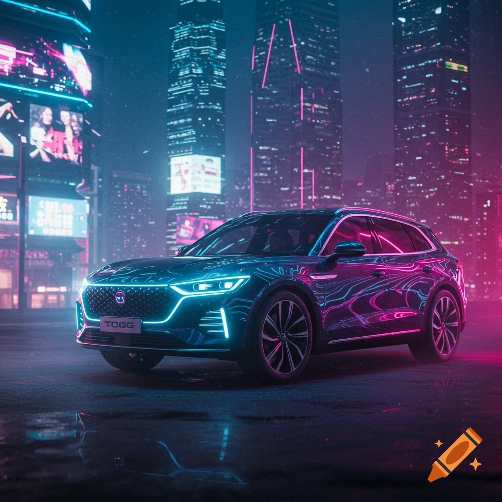 A futuristic Togg SUV with neon blue and pink lights in a cyberpunk city at night.