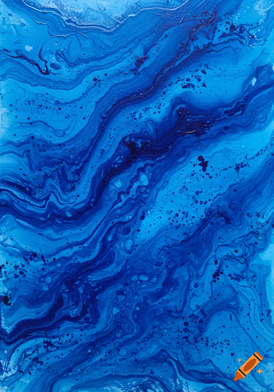 Abstract painting with swirling patterns of various shades of blue, resembling fluid art.