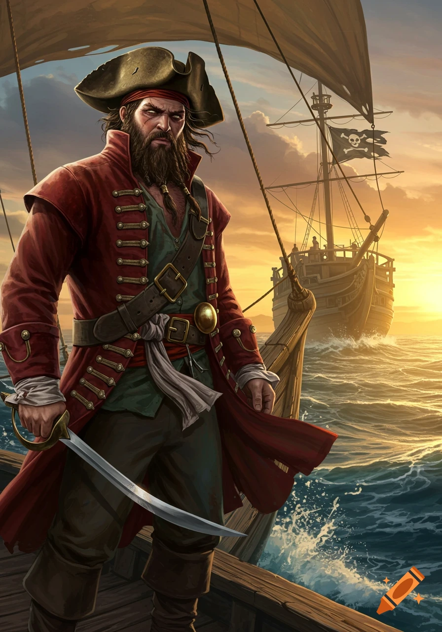 A fierce, bearded pirate in a red coat stands on a ship's deck, holding a saber, with a pirate ship sailing behind him at sunset on the sea.
