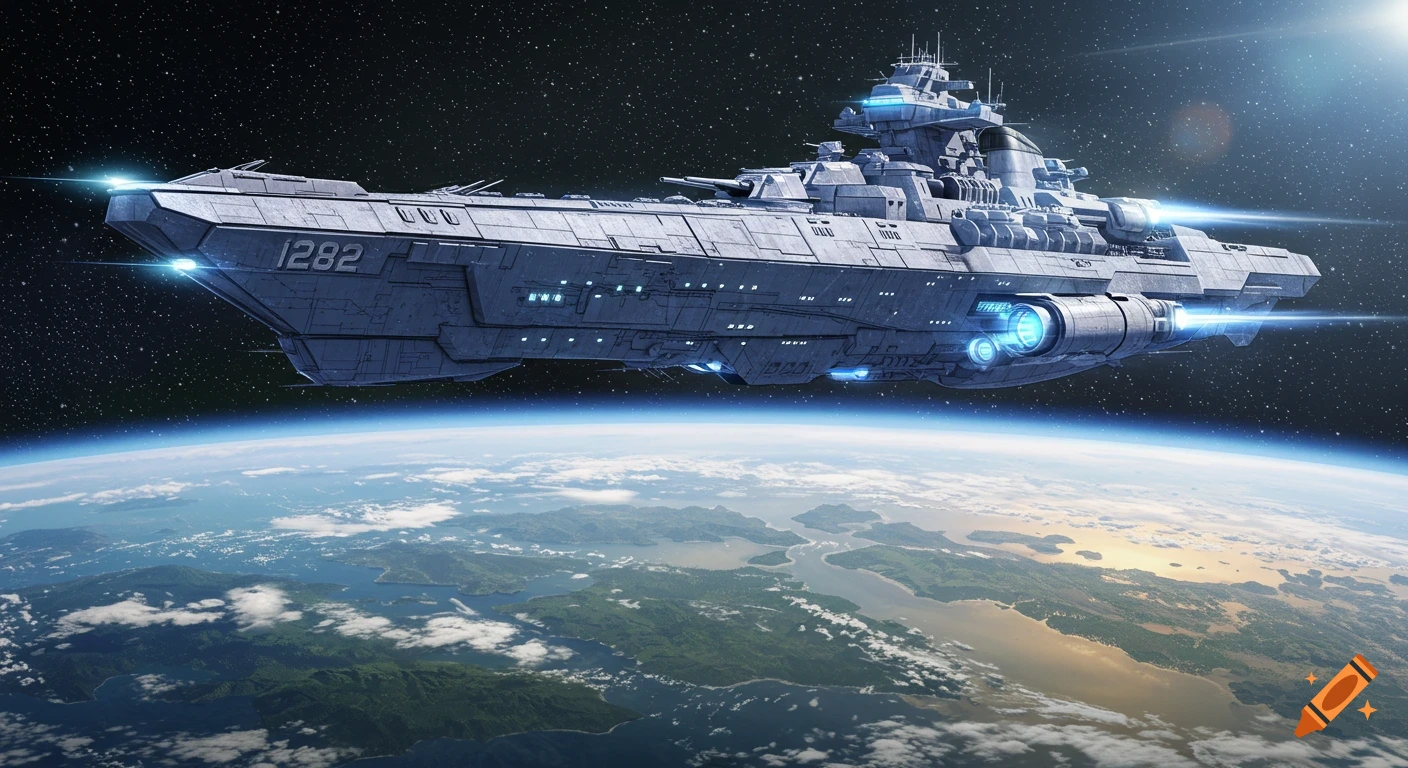 Large futuristic battleship-like spaceship with glowing blue engines floats above Earth in dark, star-filled space.