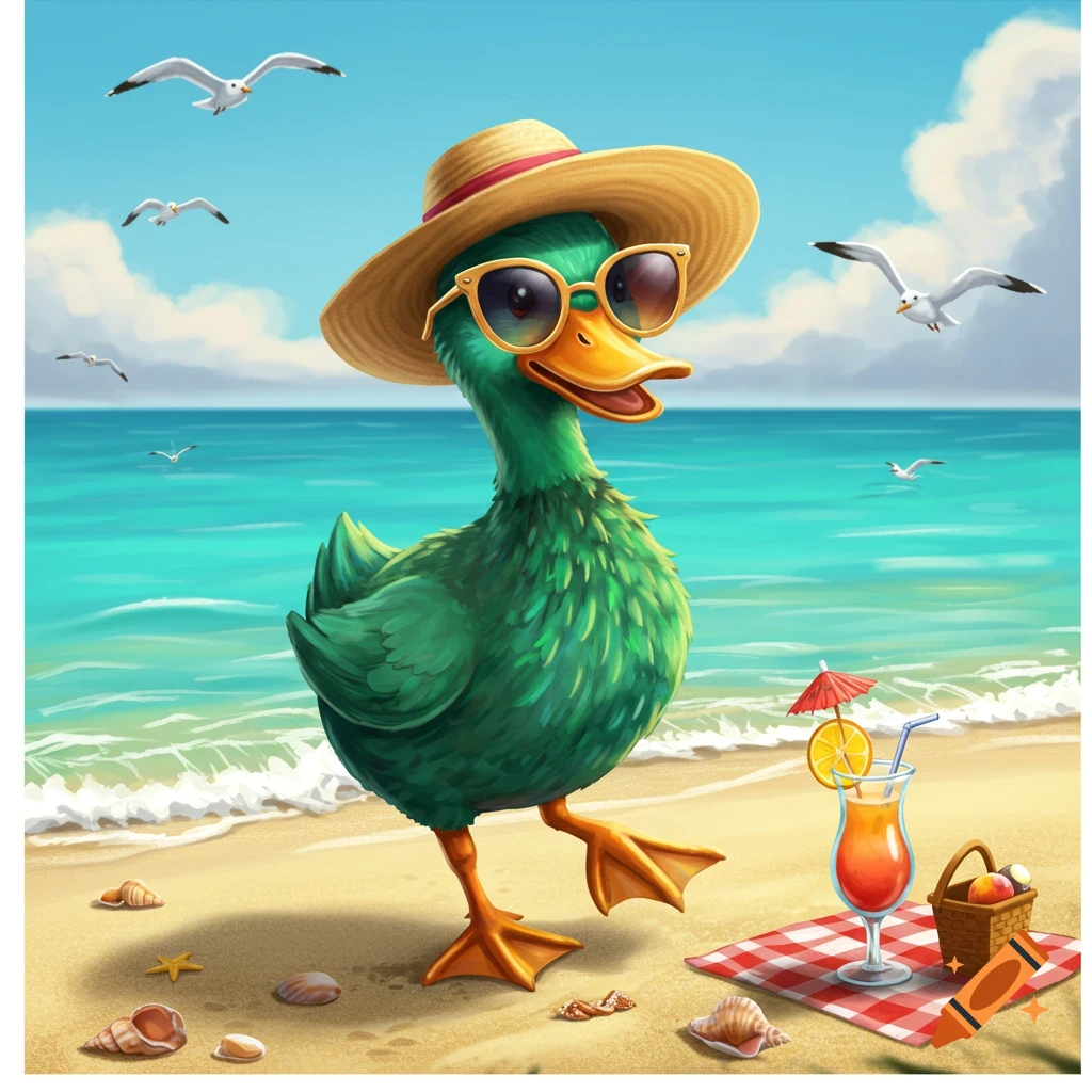 A cartoon green duck wearing a straw hat and sunglasses walks on a sandy beach next to a tropical drink, with seagulls flying in the background.