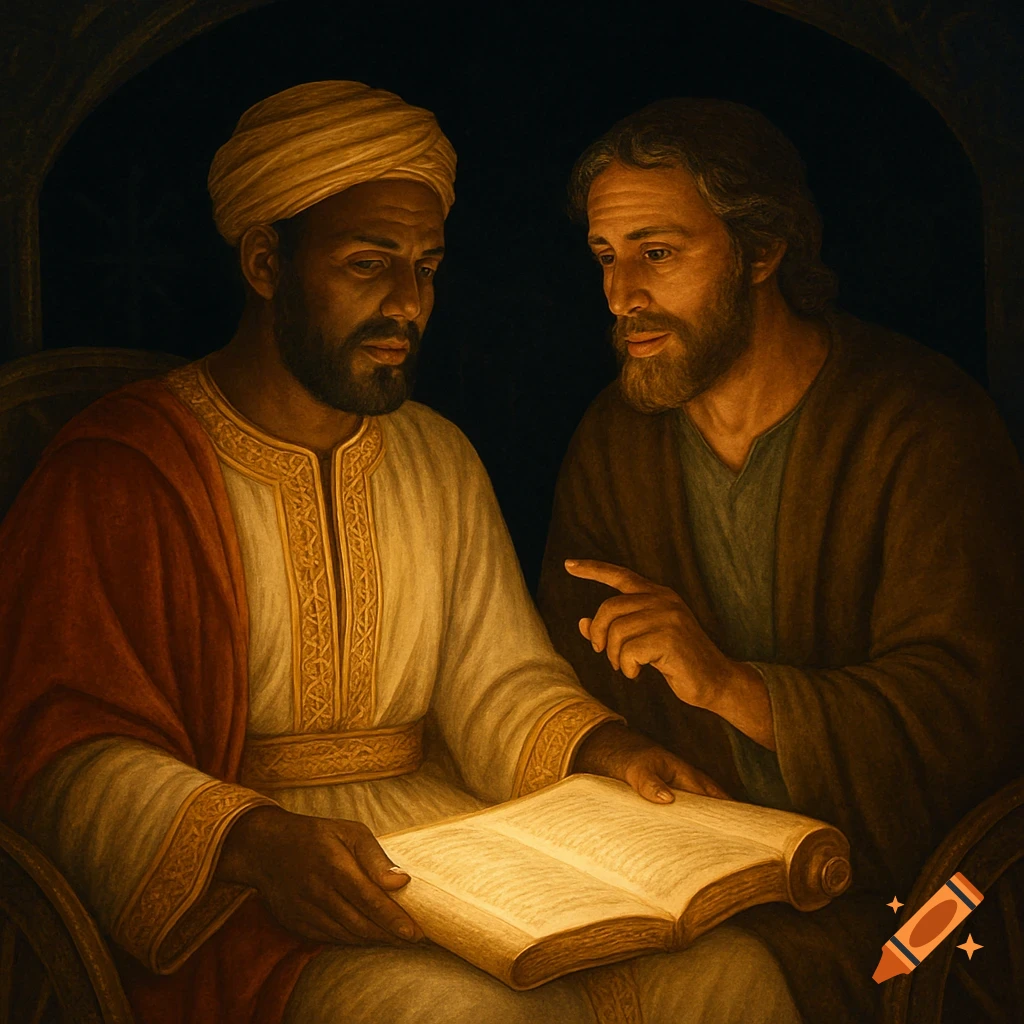 Two men in historical robes, one in a turban, gaze intently at a brightly lit open book in a dimly lit, painterly scene.