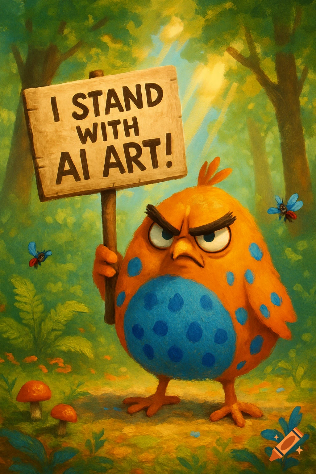 An angry orange, blue-spotted bird holds a sign saying "I STAND WITH AI ART!" in a lush forest painting.