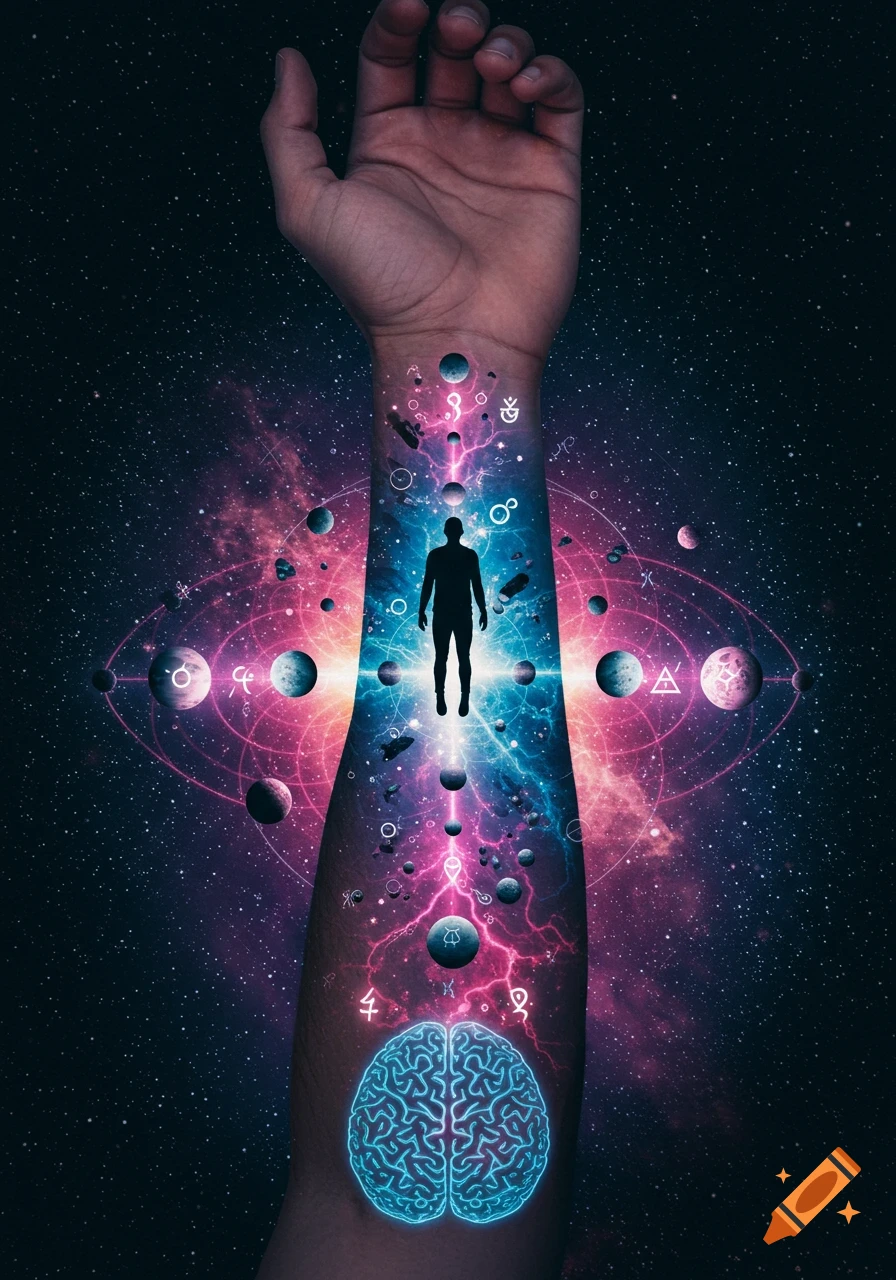 A forearm depicting a cosmic scene with planets, stars, lightning, mystical symbols, a man's silhouette, and a glowing brain.