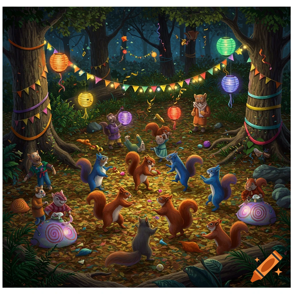 A whimsical illustration of many colorful squirrels having a vibrant party in an enchanted forest at night, with lanterns and confetti.