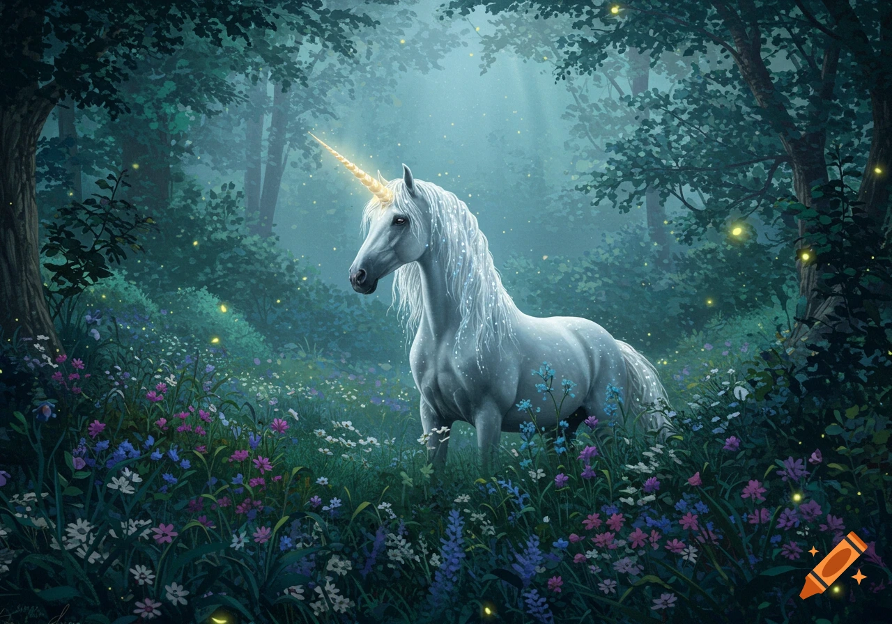 A white unicorn with a glowing horn stands in a magical, misty forest filled with colorful wildflowers and sparkling lights.