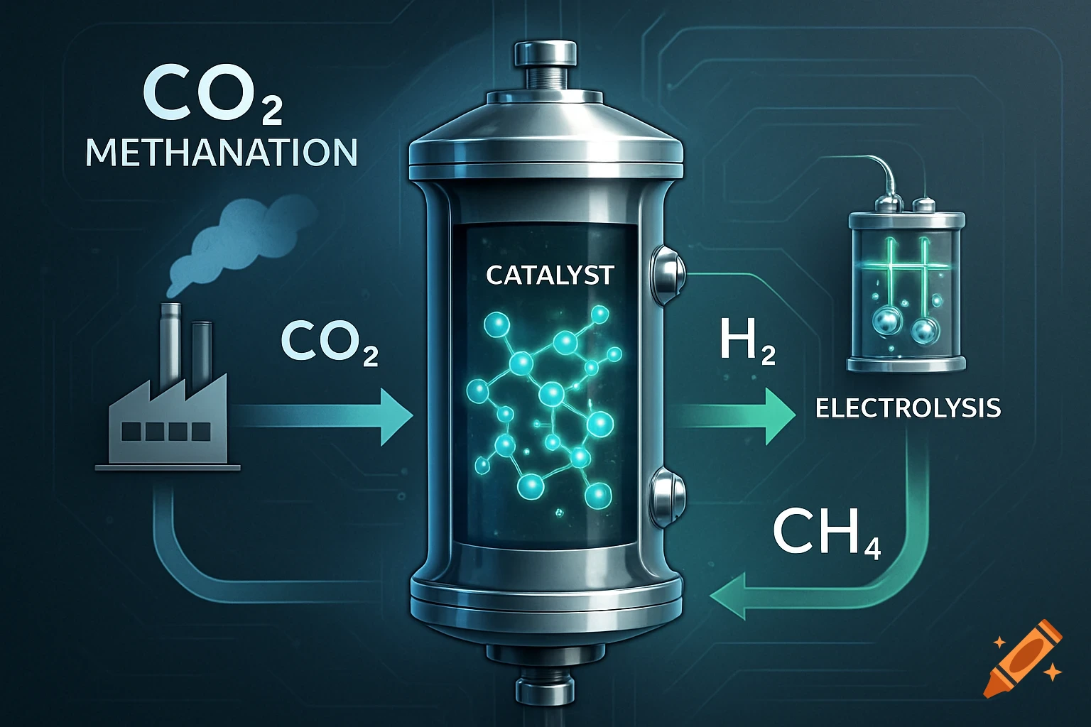 Schematic diagram of CO2 methanation, showing CO2 from a factory and H2 from electrolysis reacting in a catalyst vessel to form CH4.