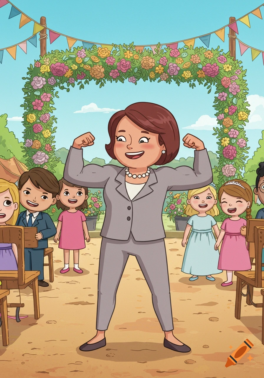 A cartoon woman in a gray suit flexes her bicep, smiling among children at an outdoor wedding arch decorated with flowers.