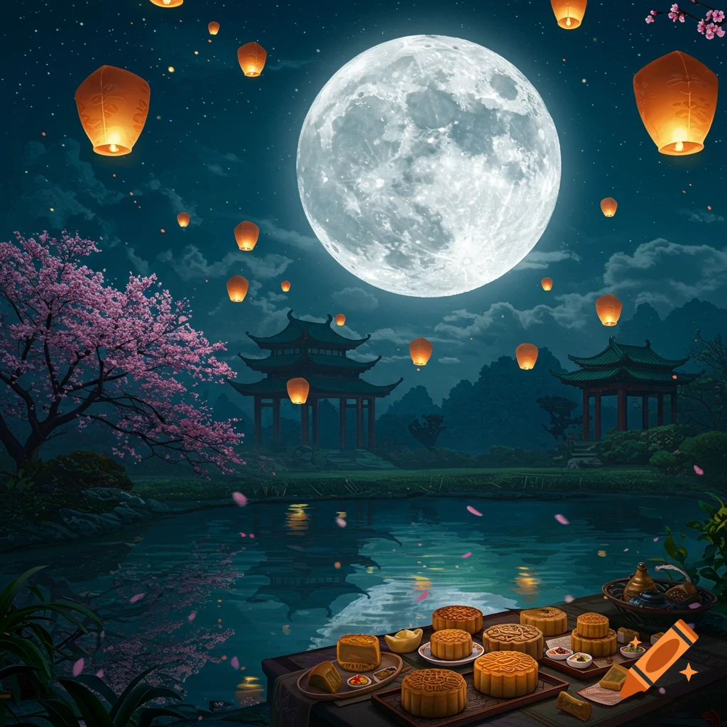 A vibrant night landscape celebrating Mid-Autumn Festival with a huge full moon, glowing lanterns, a cherry blossom tree, traditional pagodas, and mooncakes by a reflective pond.