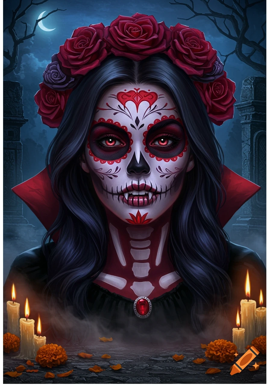Close-up portrait of a woman with intricate Day of the Dead sugar skull makeup, vampire fangs, a crown of red roses, and glowing red eyes, in a dark, atmospheric setting with candles.