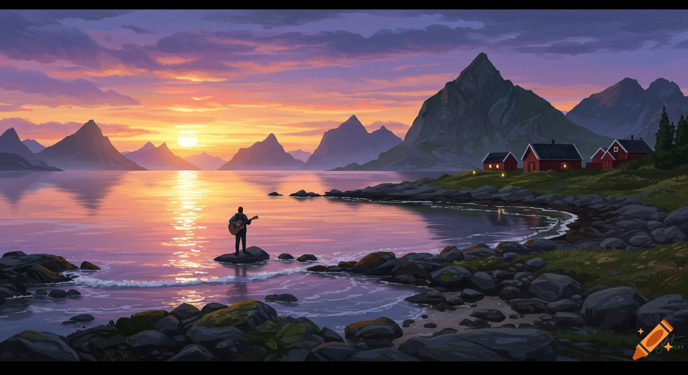 An illustration of a man playing a guitar on a rock in a calm lake at sunset, with mountains and red houses on the shore.