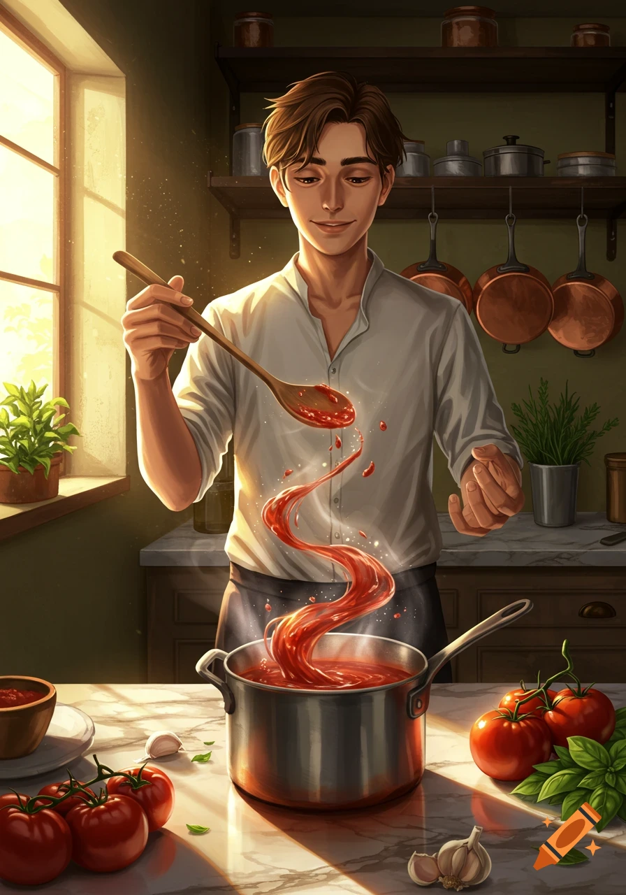 An illustrated man cooks tomato sauce in a sunlit kitchen, magically stirring it with a wooden spoon as sauce rises from the pot.