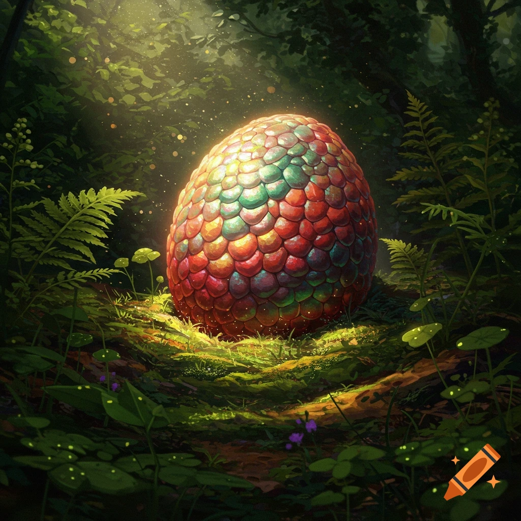 A vibrant, scaly dragon egg glows on a mossy forest floor, bathed in sunlit dust motes.