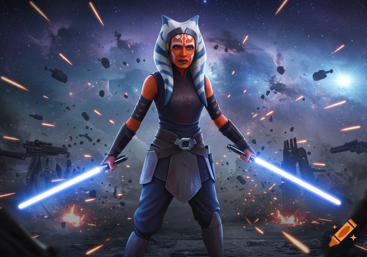 Ahsoka Tano, a Togruta Jedi, holds two blue lightsabers in a dynamic space battle, surrounded by debris and starships in a digital painting.