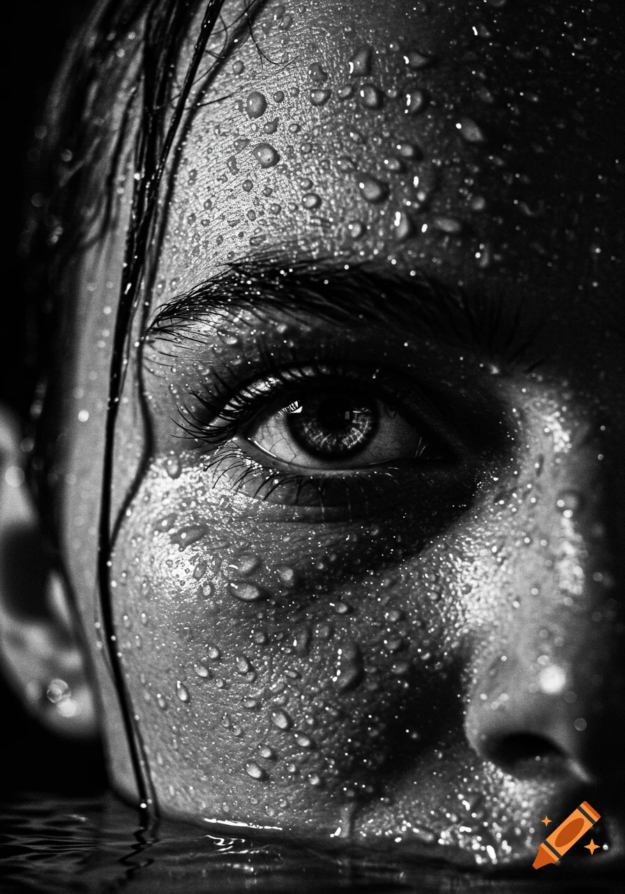 Close-up black and white portrait of a person's right eye and cheek, covered in water droplets and partially submerged in water.