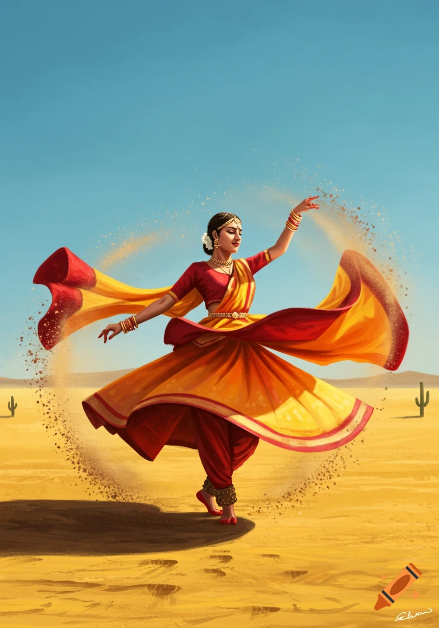 An Indian Kathak dancer in a red and yellow outfit spins in a desert, kicking up sand.