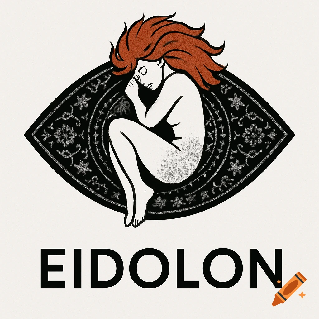 Minimalist logo of a nude redhead woman in a fetal position inside a black eye-shaped patterned rug, with the text 'EIDOLON'.