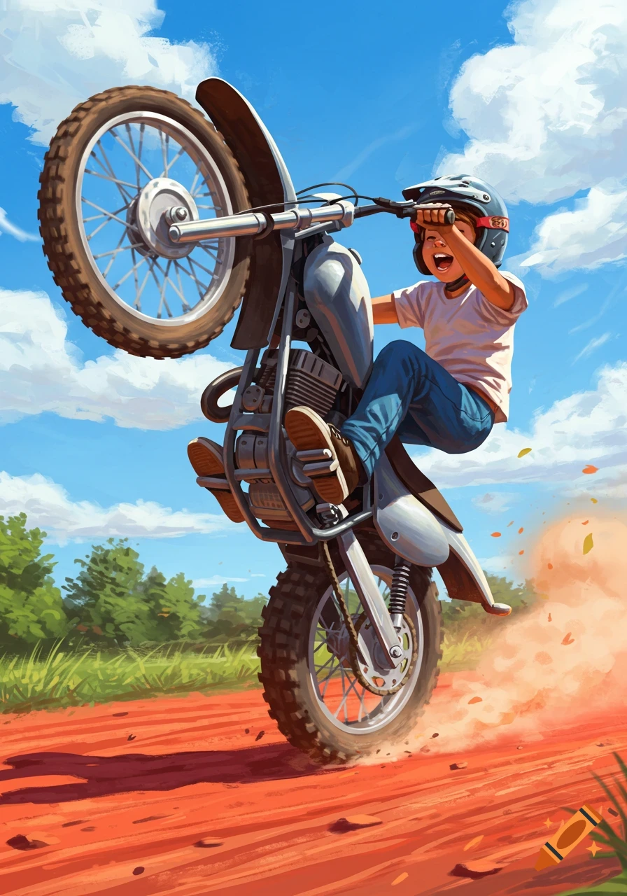 A young boy on a dirt bike performs a high wheelie on a red dirt road, kicking up dust under a blue sky in a vibrant illustration.