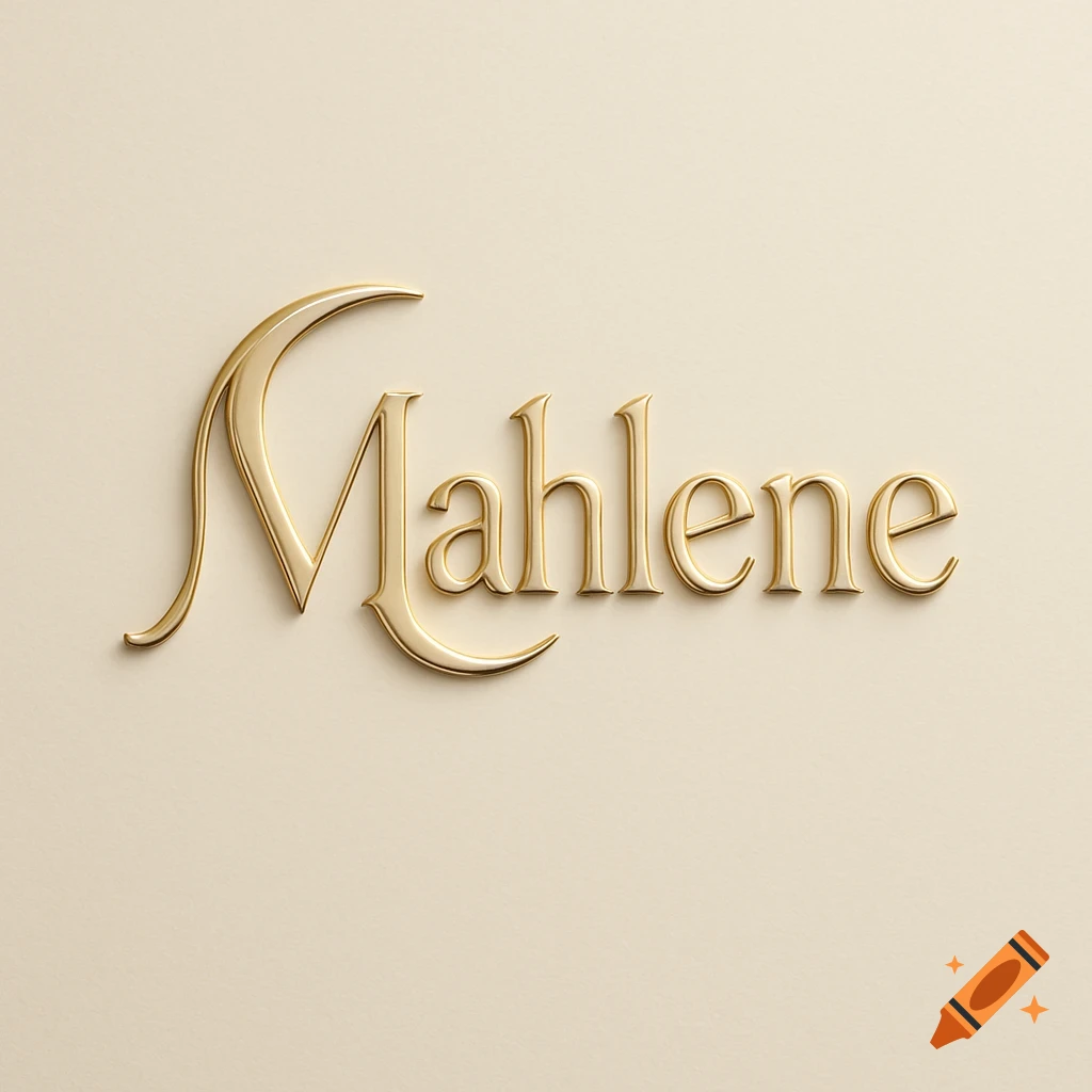 Gold embossed luxury logo for 'Mahlene' with an elegant 'M' and a subtle crescent moon detail, on a warm beige background.