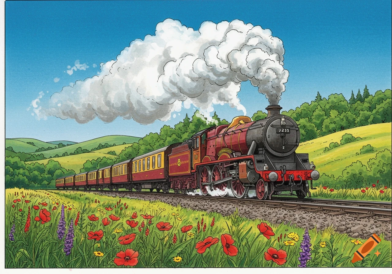 Cartoon illustration of a red steam train on tracks, passing through a field of red poppies and green hills under a blue sky.
