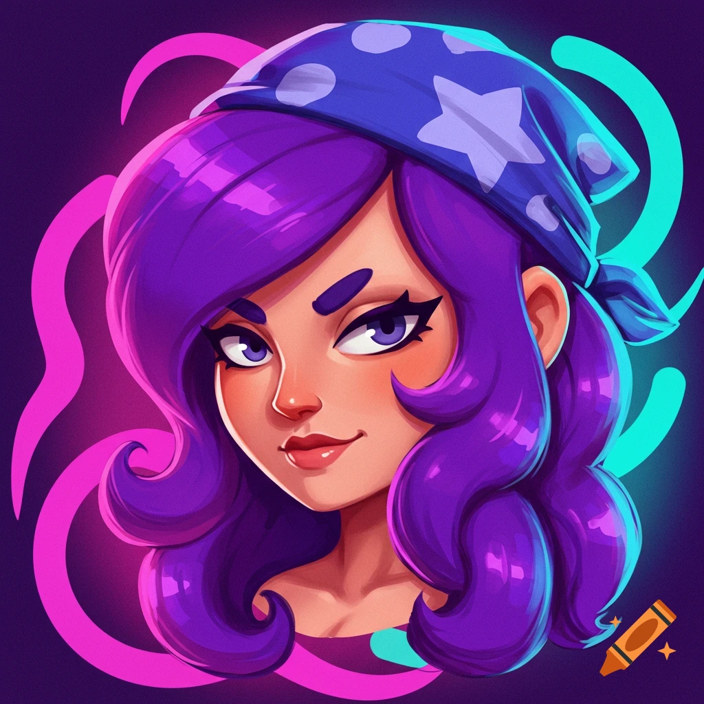 A stylized cartoon portrait of a woman with long purple hair and a blue bandana with a star, on a neon pink and blue background.