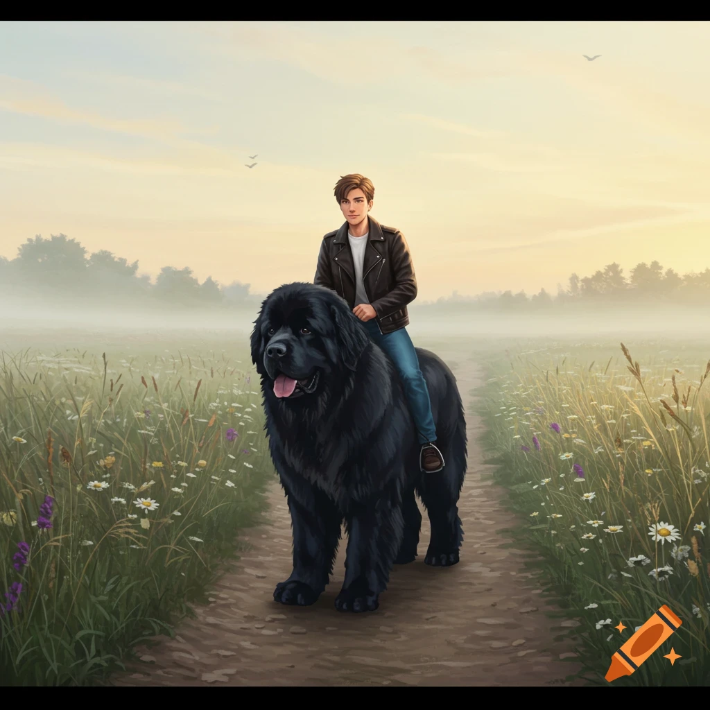 An illustration of a young man riding a huge black Newfoundland dog through a misty wildflower field at sunrise.