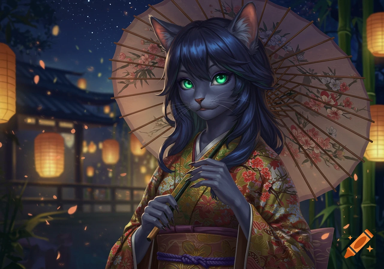 An anime cat-girl with blue fur and green eyes wears a floral kimono, holding an umbrella at night amidst lanterns.