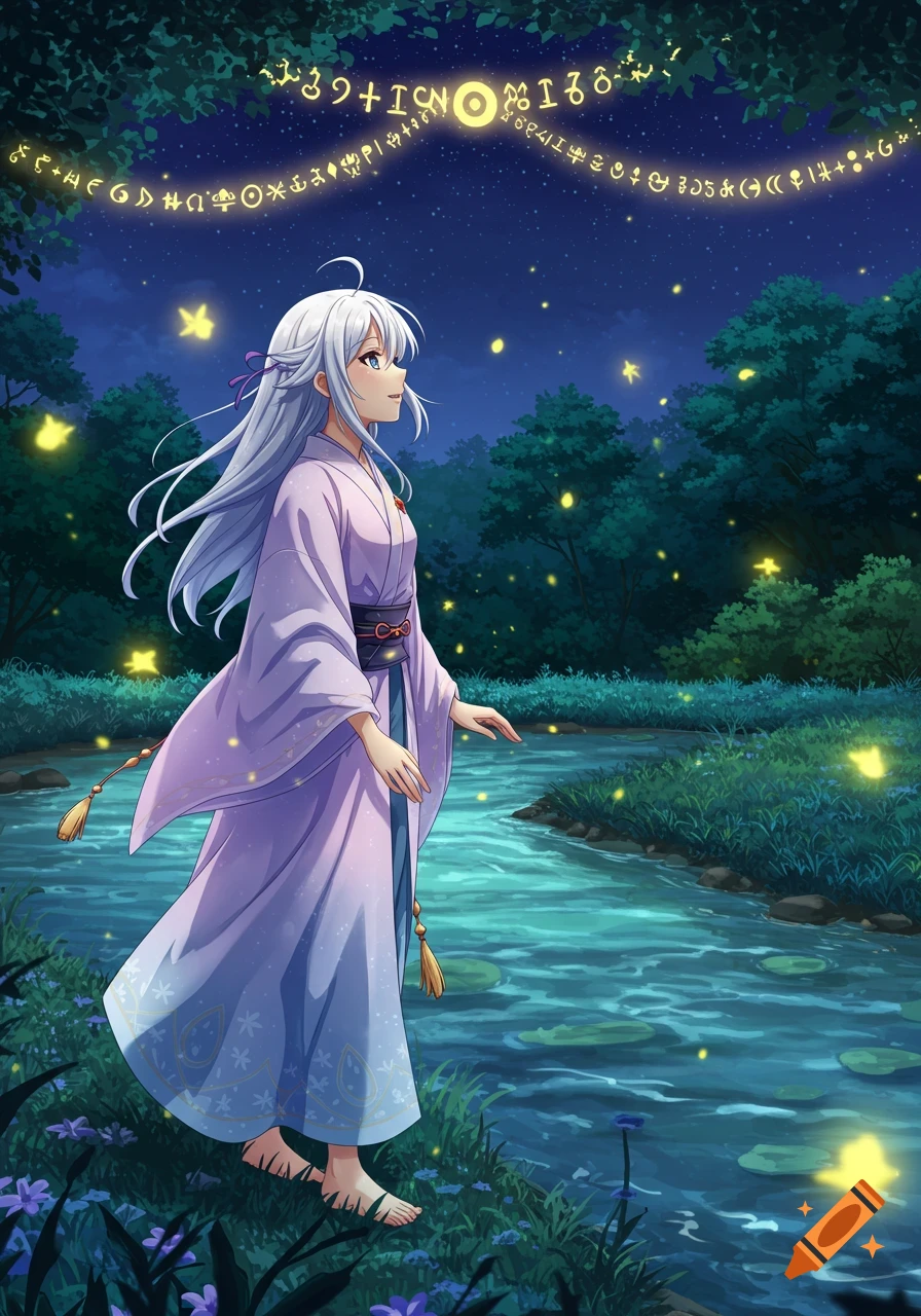 An anime girl with long white hair in a purple kimono walks barefoot by a moonlit river, surrounded by fireflies and glowing symbols in the night sky.