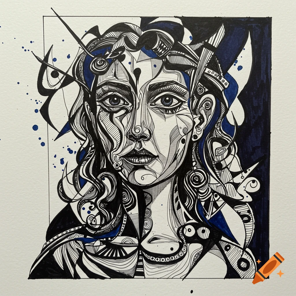 A highly detailed ink drawing of an abstract woman's face in a Picasso-esque style, with intricate lines and blue accents.