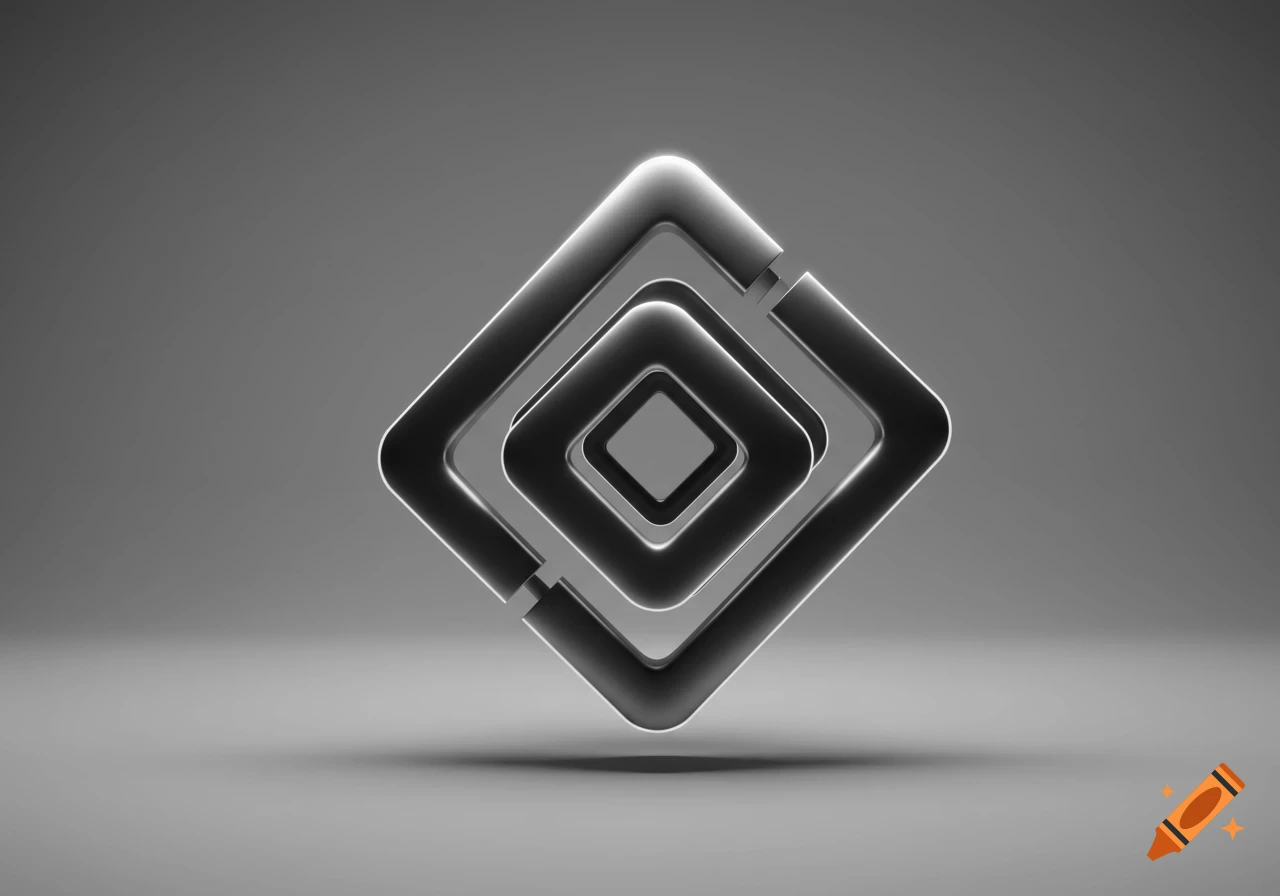 A grayscale 3D render of nested, rounded square shapes with a metallic sheen, casting a shadow on a smooth surface.