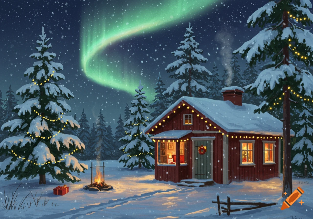 A cozy red cabin with Christmas lights in a snowy winter landscape with pine trees, a bonfire, and green aurora borealis.