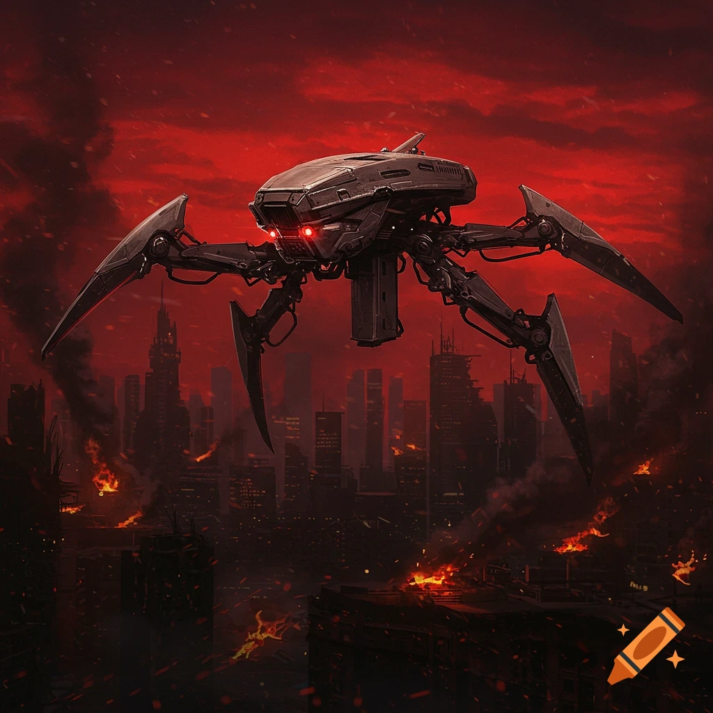Dark metallic spider-like drone with glowing red eyes hovers over a burning, ruined city under a fiery red sky. Dystopian sci-fi artwork.