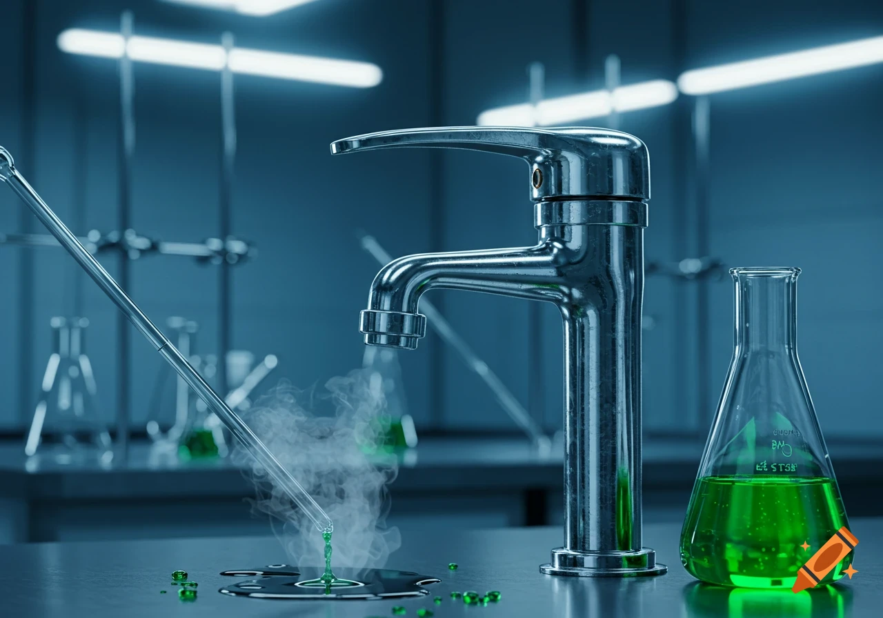 Photorealistic image of a chrome lab faucet next to a flask with green liquid. A pipette drips green liquid, creating smoke on the lab bench.