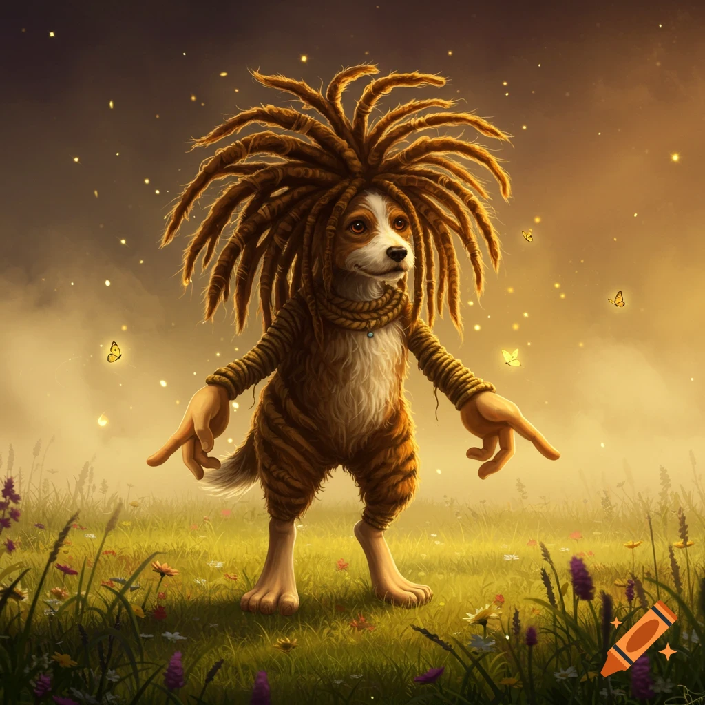A whimsical, cartoon-style creature with a dog's head, dreadlocks, a furry body, human-like hands for arms, and human-like feet, stands in a field of grass and wildflowers with butterflies and glowing particles in a warm, ethereal setting.