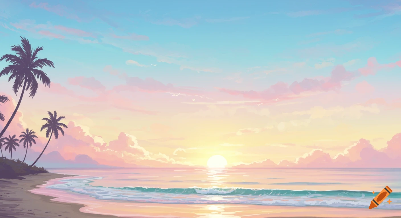 Pastel illustration of a tropical beach at sunset with palm trees along the shore and gentle waves.