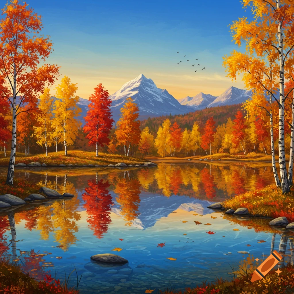 Vibrant autumn landscape painting with a reflective lake, colorful trees, and snow-capped mountains under a clear blue sky.