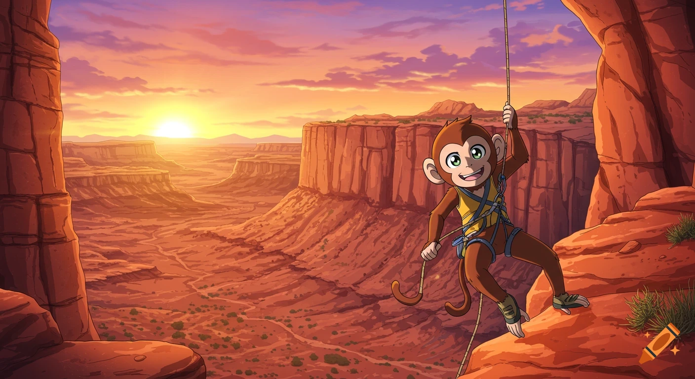 Anime monkey rappels down a vibrant red canyon cliff at sunset, with a vast desert landscape below.