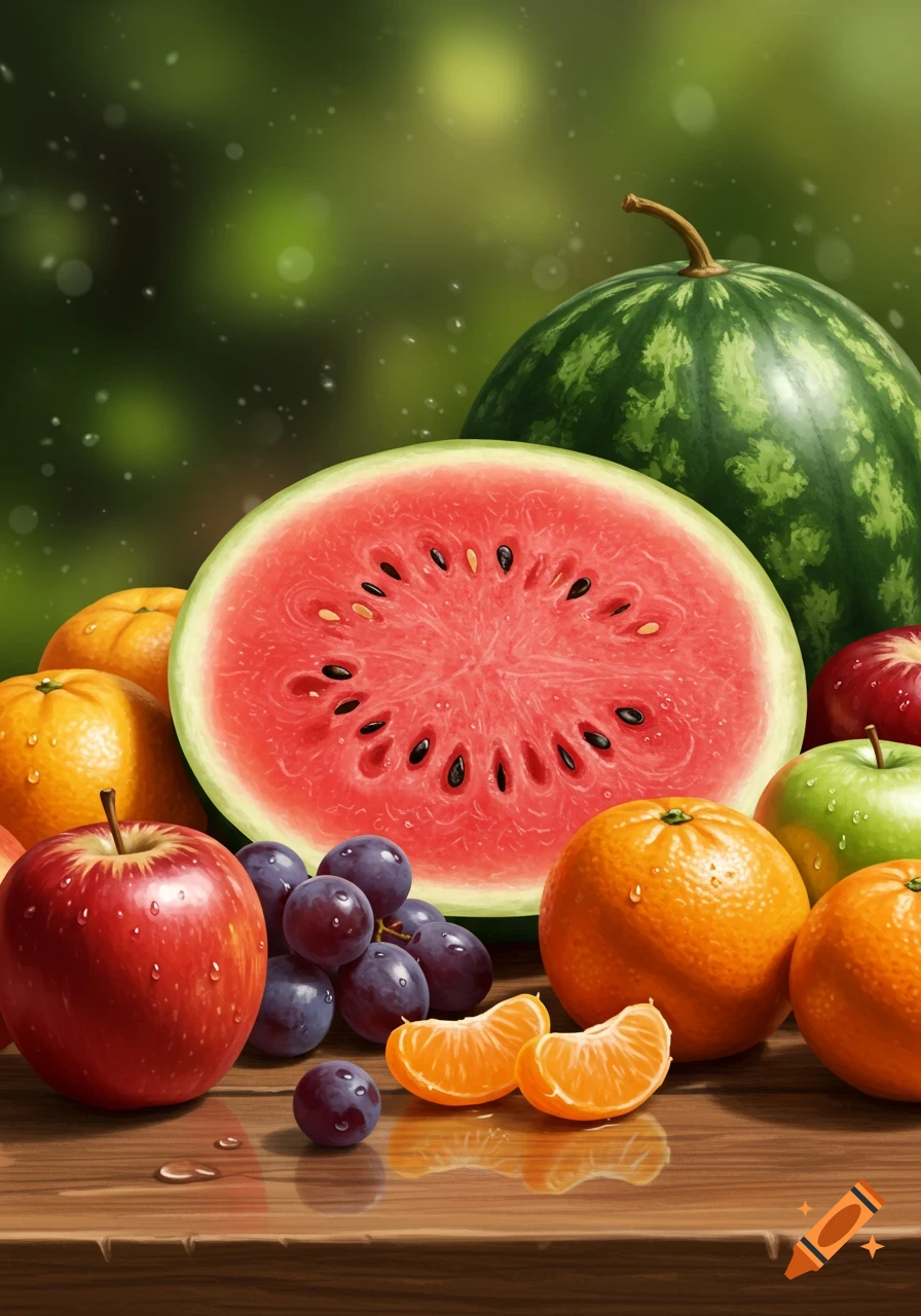 A vibrant still life of a sliced watermelon, whole watermelon, red and green apples, oranges, and grapes with water droplets on a wooden table.