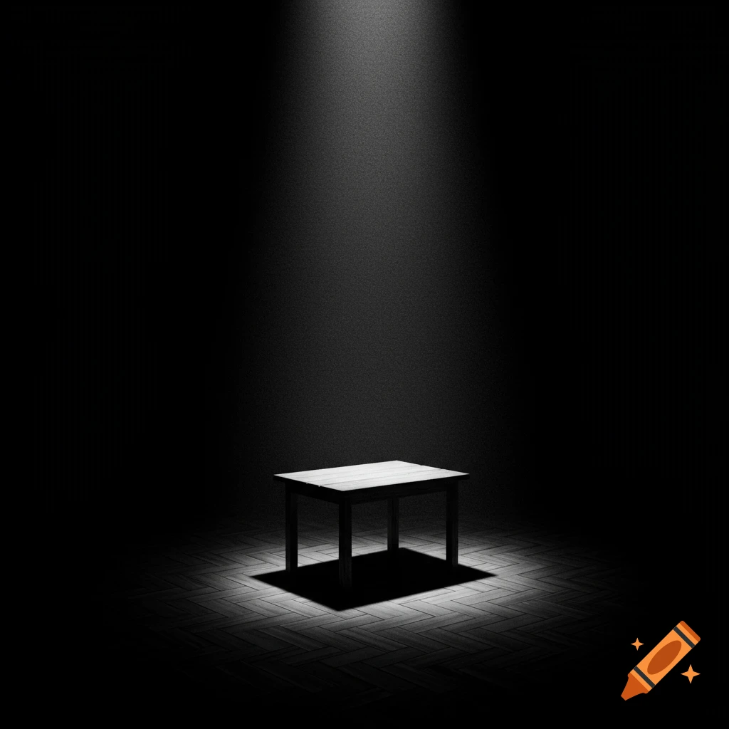 A wooden table stands isolated in a dark room, illuminated by a single overhead spotlight creating a dramatic effect. The scene is in black and white with a grainy texture.