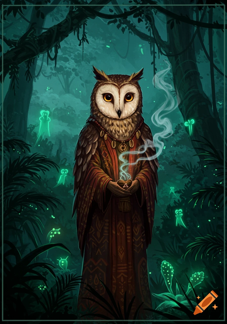 A mystical owl-headed shaman in a patterned red robe holds a smoking censer in a dark, luminous jungle with glowing green spirits.