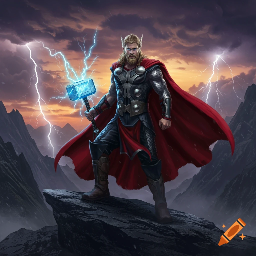Thor stands heroically on a mountain peak, wielding a glowing Mjolnir amidst lightning and a stormy sky.